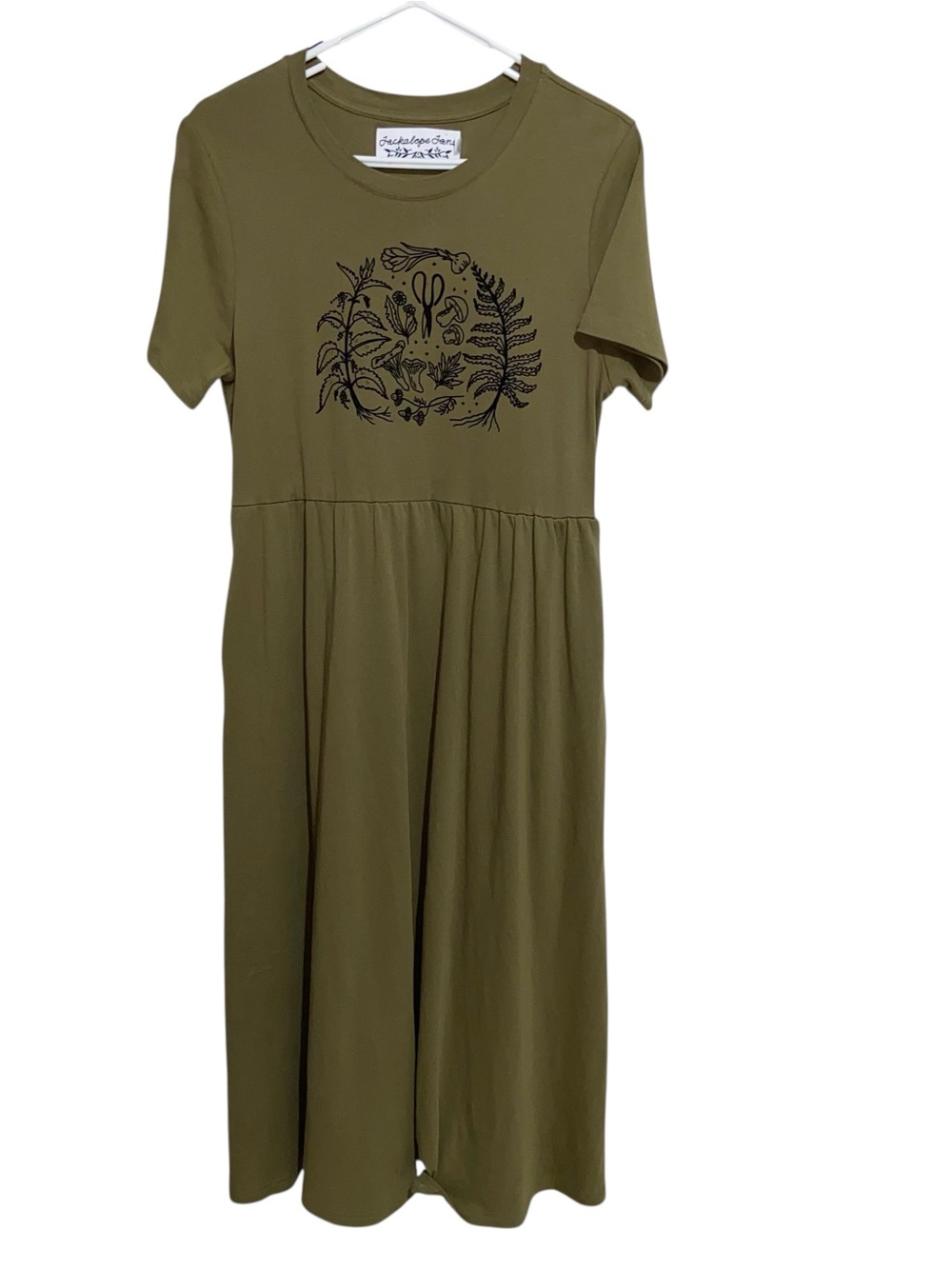 Jackalope Jane Dress Womens Medium Olive Green Mushroom Graphic Print Pockets
